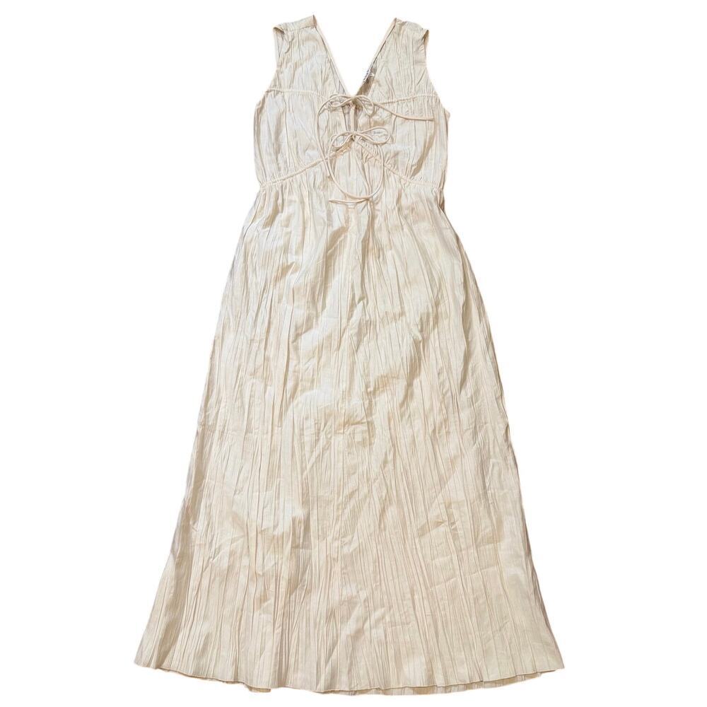 FRAME Cinched Waist Crinkle Midi Dress Sz XS V-neck Off White Drapey Boho MWOT